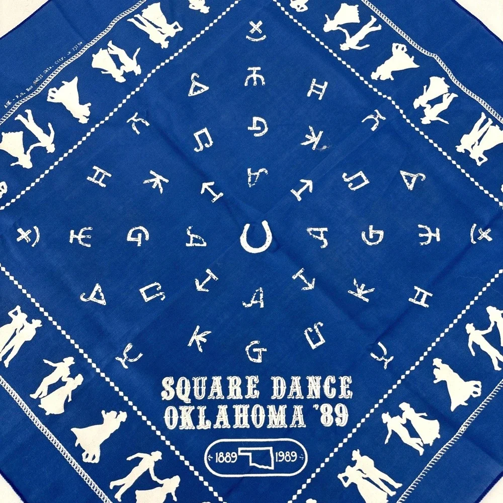 1989 Vintage Oklahoma Square Dance 80s Blue Bandana Handkerchief - 21 x 21‎